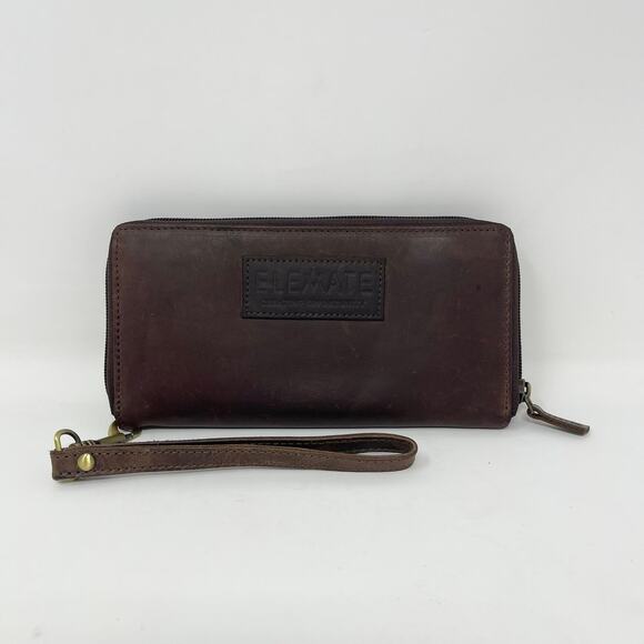 Elevate People Full-Grain Leather Wallet‎ Dark Brown Full Zip Wristlet Strap - Picture 1 of 7